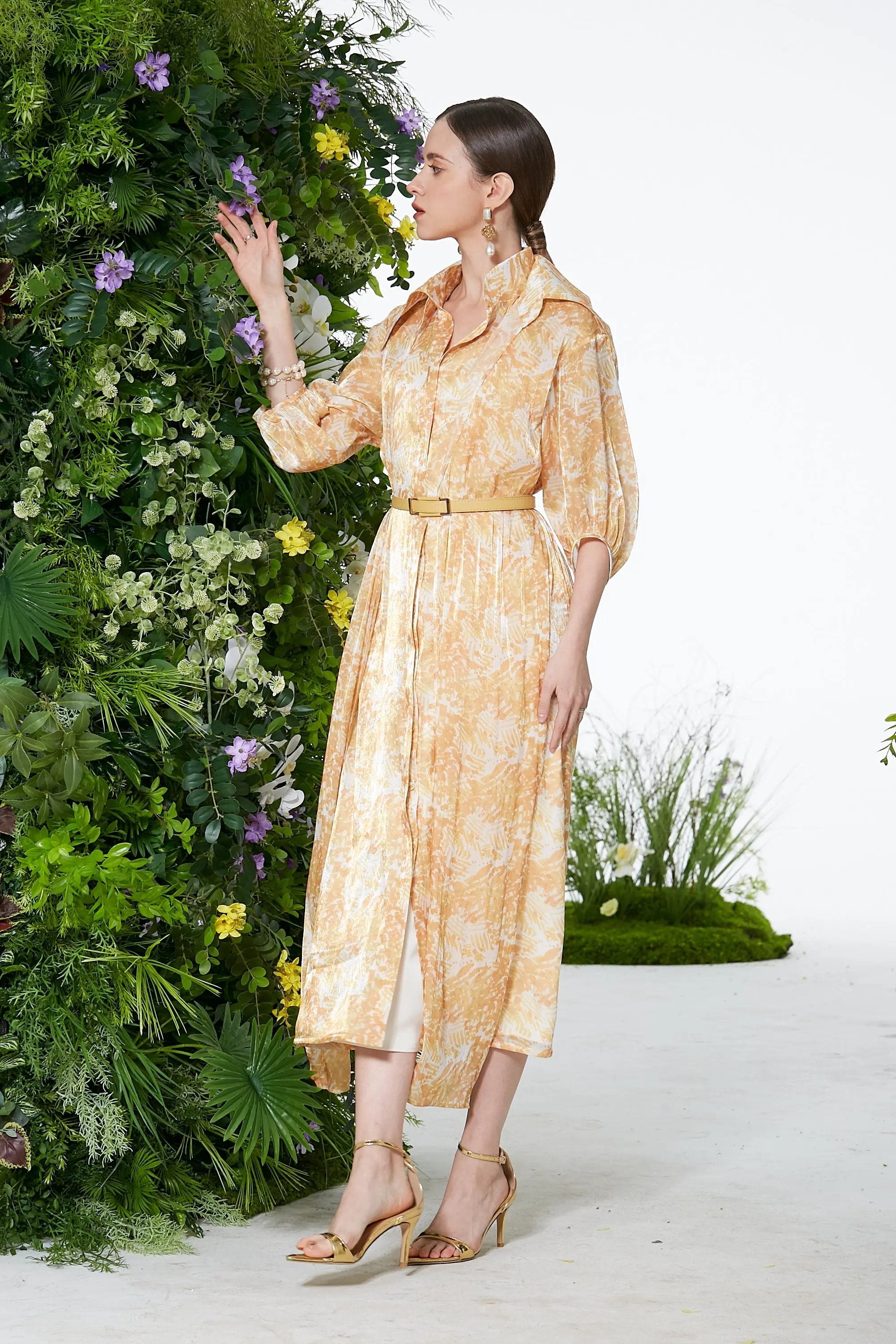 Women's Spring and Summer Stand Collar Belted Vibrant Elegant  Dress ULA